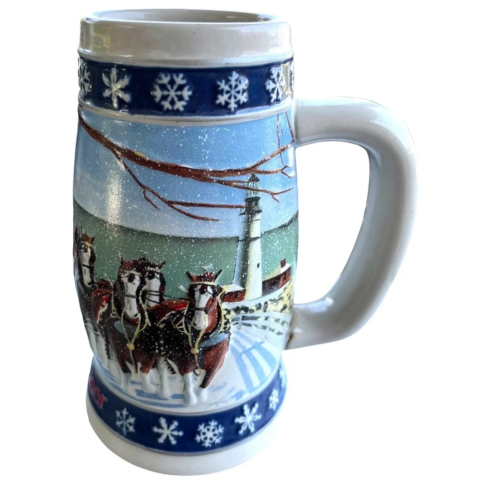 Vintage 1995 Budweiser Clydesdale Holiday Stein Mug Lighting The Way Home Anheus